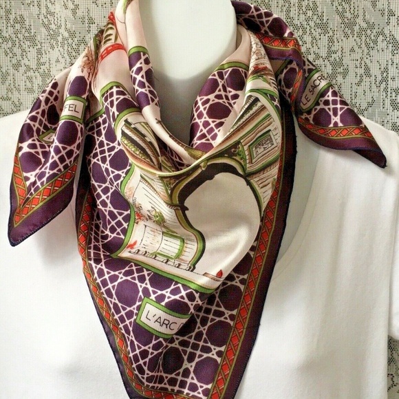 JOSSELYNE Scarf Souvenir France Paris 26" x 26" Square Deep Purple Green Beige - Picture 2 of 8